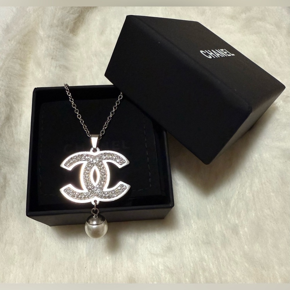 Silver Crystal CC Pendant Necklace with Pearl Drop